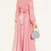 Satin Evening Dress with Stone Details and Fur Collar Powder Pink wholesale dress view 3 - Hicabistan Turkey factory