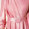 Satin Evening Dress with Stone Details and Fur Collar Powder Pink wholesale dress view 4 - Hicabistan Turkey factory