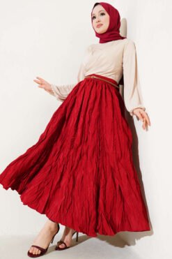 Pleated High Waist Zipper Skirt Burgundy wholesale skirt view 2 - Hicabistan Turkey factory