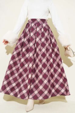 Pleated Checked Zipper Skirt Plum