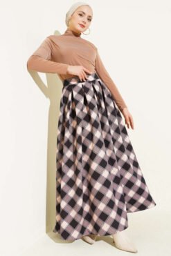 Pleated Checked Zipper Skirt Black بالجملة skirt view 2 - Hicabistan مصنع تركيا