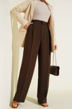 Pleated Wide-Leg Fabric Trousers Brown