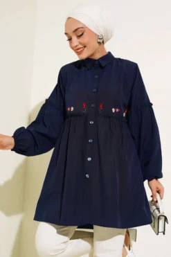 Pleated Floral Embroidered Shirt Navy Blue