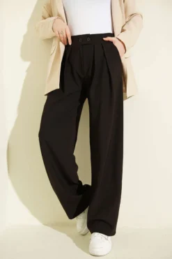 Pleated Double Button Loose Trousers Brown