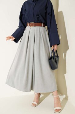 Pleated Belted Zip Skirt Grey
