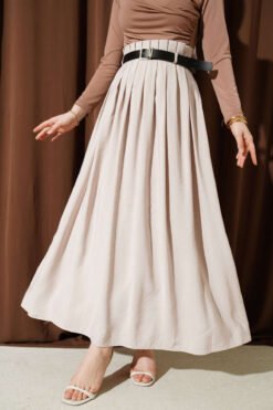 Pleated Belted Tencel Skirt Beige all'ingrosso skirt - Hicabistan fabbrica Turchia