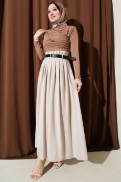 Pleated Belted Tencel Skirt Beige all'ingrosso skirt view 2 - Hicabistan fabbrica Turchia