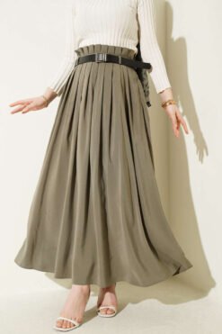 Pleated Belted Tencel Skirt Khaki all'ingrosso skirt - Hicabistan fabbrica Turchia