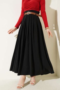 Pleated Belted Tencel Skirt Black all'ingrosso skirt - Hicabistan fabbrica Turchia