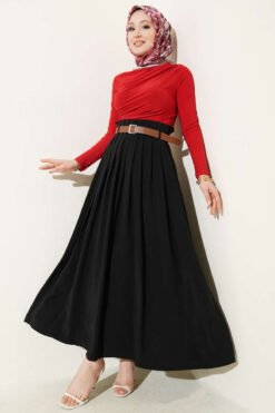 Pleated Belted Tencel Skirt Black all'ingrosso skirt view 2 - Hicabistan fabbrica Turchia