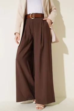 Pleated Belted Oversized Pants Brown