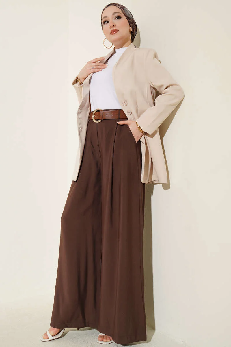 Pleated Belted Oversized Pants Brown - Imagen 2