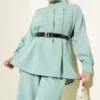 Pleated Belted Loose Two-Piece Set Mint al por mayor clothing set view 2 - Hicabistan fábrica Turquía