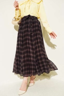 Pleated Belted Checkered Chiffon Skirt Brown groothandel skirt - Hicabistan Turkije fabriek