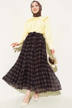 Pleated Belted Checkered Chiffon Skirt Brown groothandel skirt view 2 - Hicabistan Turkije fabriek
