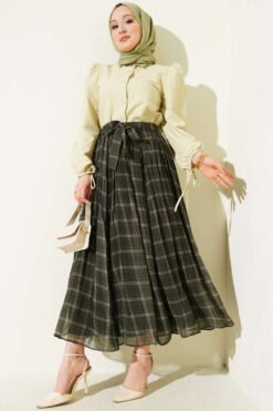 Pleated Belted Checkered Chiffon Skirt Khaki groothandel skirt view 2 - Hicabistan Turkije fabriek
