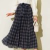 Pleated Belted Checkered Chiffon Skirt Navy Blue groothandel skirt - Hicabistan Turkije fabriek