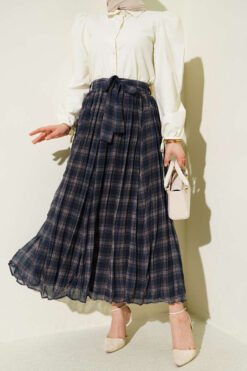Pleated Belted Checkered Chiffon Skirt Navy Blue groothandel skirt - Hicabistan Turkije fabriek