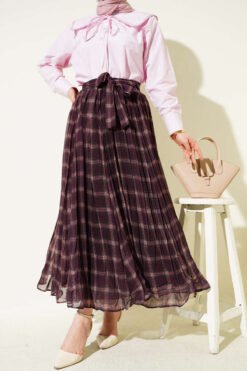 Pleated Belted Checkered Chiffon Skirt Plum groothandel skirt - Hicabistan Turkije fabriek