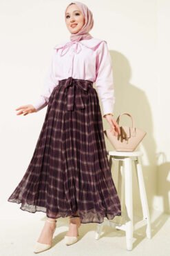 Pleated Belted Checkered Chiffon Skirt Plum groothandel skirt view 2 - Hicabistan Turkije fabriek