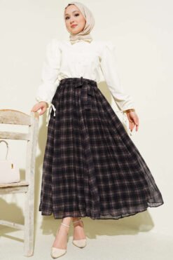 Pleated Belted Checkered Chiffon Skirt Black groothandel skirt view 2 - Hicabistan Turkije fabriek