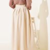 Pleated Belted Flared Skirt Beige Großhandel skirt view 3 - Hicabistan Türkei Fabrik