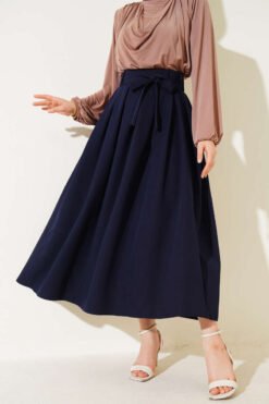 Pleated Belted Flared Skirt Navy Blue بالجملة skirt - Hicabistan مصنع تركيا