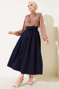 Pleated Belted Flared Skirt Navy Blue بالجملة skirt view 2 - Hicabistan مصنع تركيا