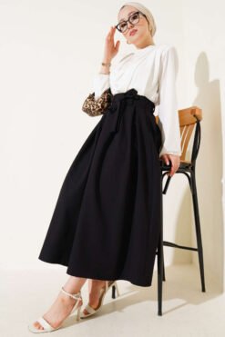 Pleated Belted Flared Skirt Black بالجملة skirt view 2 - Hicabistan مصنع تركيا