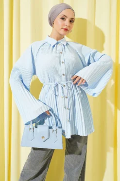 Pleated Tie Waist Shirt Blue