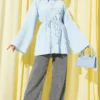 Pleated Tie Waist Shirt Blue all'ingrosso shirt view 2 - Hicabistan fabbrica Turchia