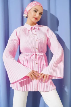 Pleated Tie Waist Shirt Pink