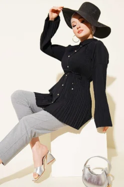 Pleated Tie Waist Shirt Black