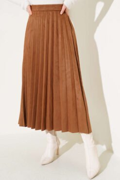 Pleated Suede Skirt Brown بالجملة skirt view 2 - Hicabistan مصنع تركيا