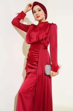 Pleated Feather Cuff Dress Burgundy Großhandel dress view 2 - Hicabistan Türkei Fabrik