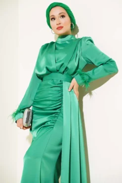 Pleated Feather Cuff Dress Green Großhandel dress view 2 - Hicabistan Türkei Fabrik