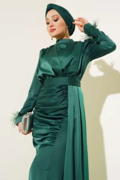 Pleated Feather Cuff Dress Emerald Großhandel dress view 2 - Hicabistan Türkei Fabrik