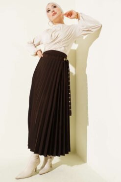 Pleated Side Belt Detail Skirt Brown Großhandel skirt view 2 - Hicabistan Türkei Fabrik
