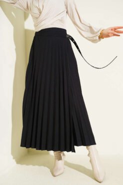Pleated Side Belt Detail Skirt Black Großhandel skirt - Hicabistan Türkei Fabrik