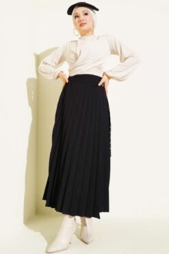 Pleated Side Belt Detail Skirt Black Großhandel skirt view 2 - Hicabistan Türkei Fabrik