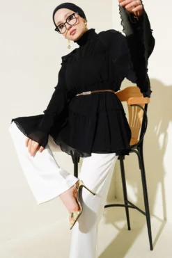 Pleated Layered Loose Tunic Black