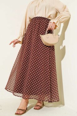 Polka Dot Chiffon Skirt Brown wholesale skirt - Hicabistan Turkey factory