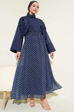 Polka Dot Chiffon Skirt Navy Blue wholesale skirt view 2 - Hicabistan Turkey factory