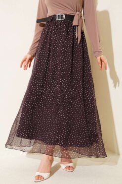 Polka Dot Elastic Waist Belted Skirt Brown