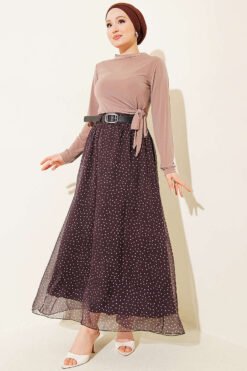 Polka Dot Elastic Waist Belted Skirt Brown groothandel skirt view 2 - Hicabistan Turkije fabriek