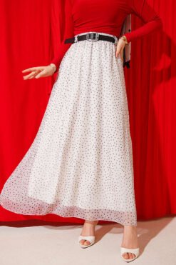 Polka Dot Elastic Waist Belted Skirt Ecru