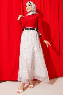 Vista alternativa de Polka Dot Elastic Waist Belted Skirt Ecru