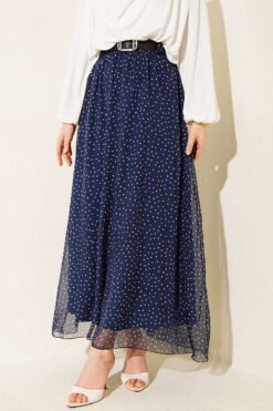 Polka Dot Elastic Waist Belted Skirt Navy Blue