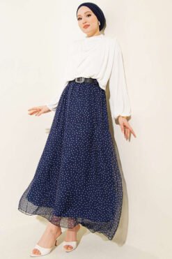 Polka Dot Elastic Waist Belted Skirt Navy Blue groothandel skirt view 2 - Hicabistan Turkije fabriek