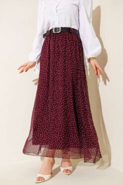 Polka Dot Elastic Waist Belted Skirt Plum